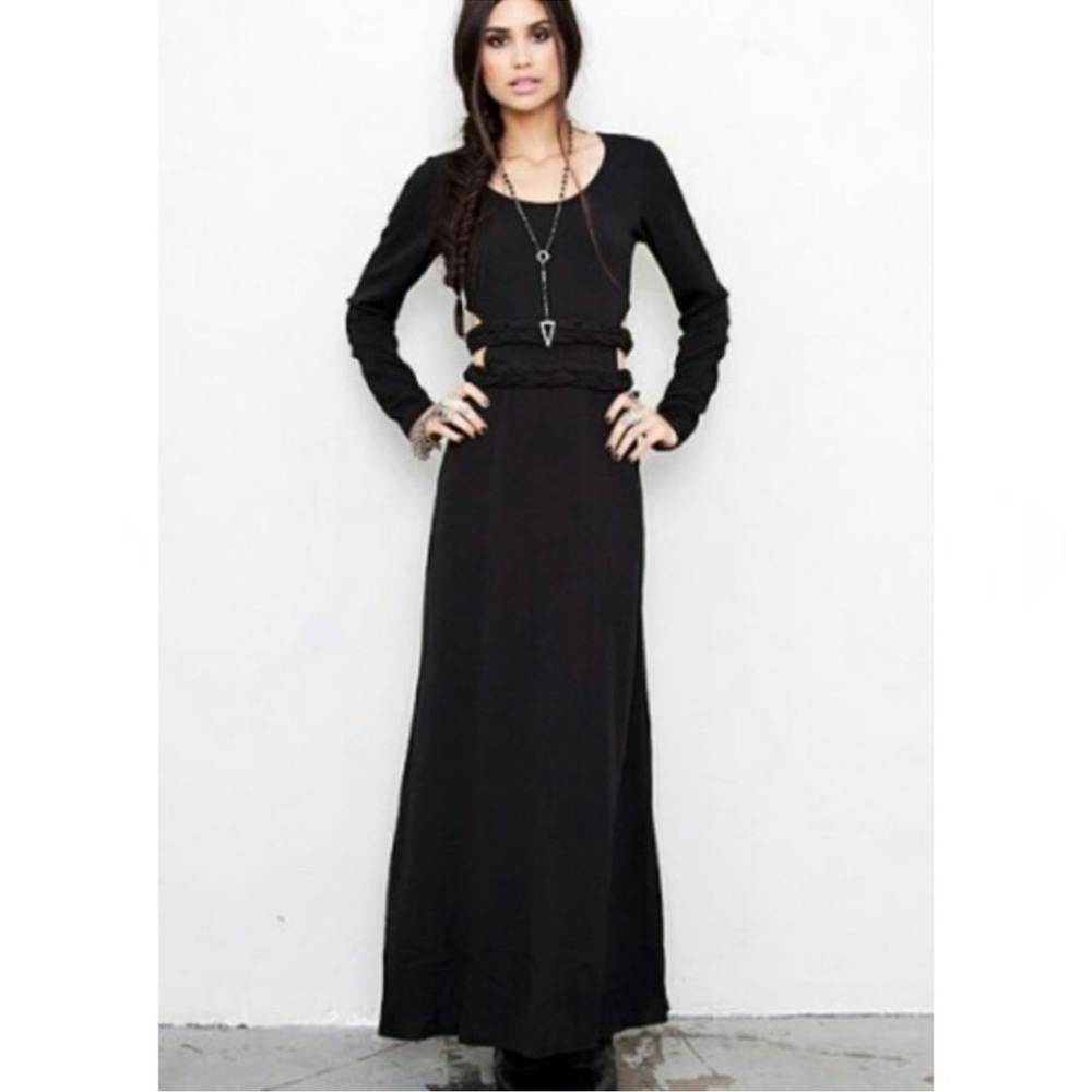 For Love & Lemons | S | Black unworldly Maxi Dress Braided Waist Cutout LS Goth - Picture 2 of 8